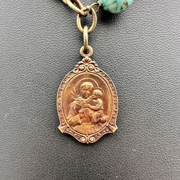Brass St. Anthony Medal Gothic Necklace Turquoise Glass Bead Link Chain Chunky - Picture 6 of 9